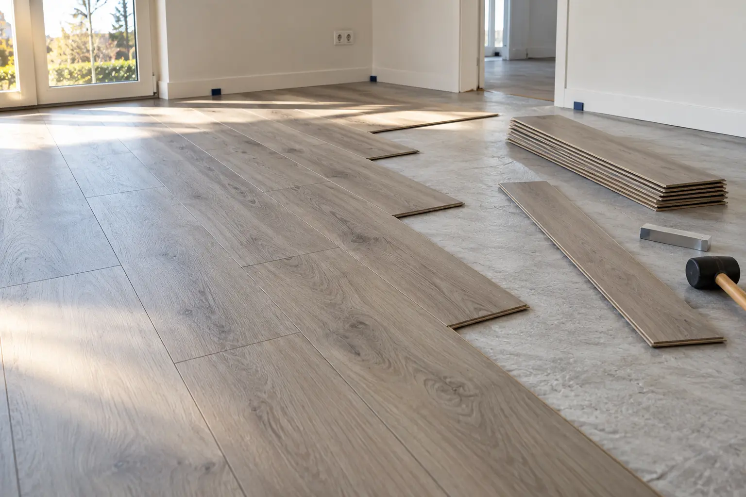 Click-pvc wordt gelegd: planken met afstandhouders langs de muur, een stapel planken en een rubberen hamer op de ondergrond