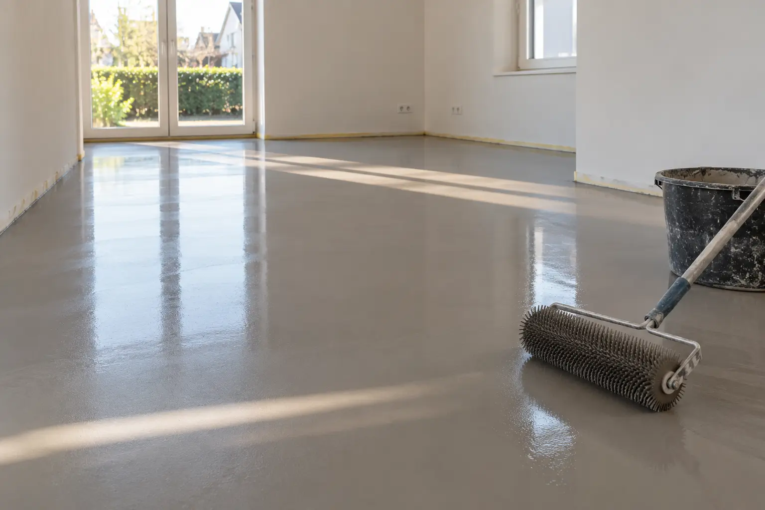 Natte egaliseerlaag op een vloer in een lege kamer, met een stekelroller en een emmer