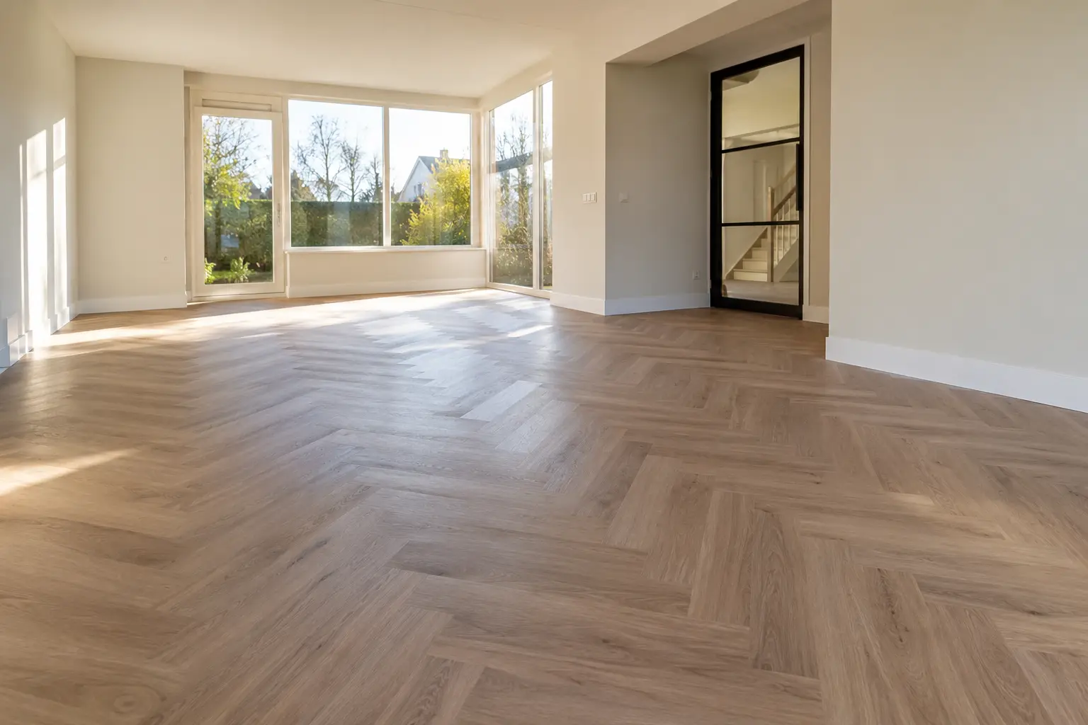Lege woonkamer met een eikenkleurige pvc-vloer in visgraat en witte plinten