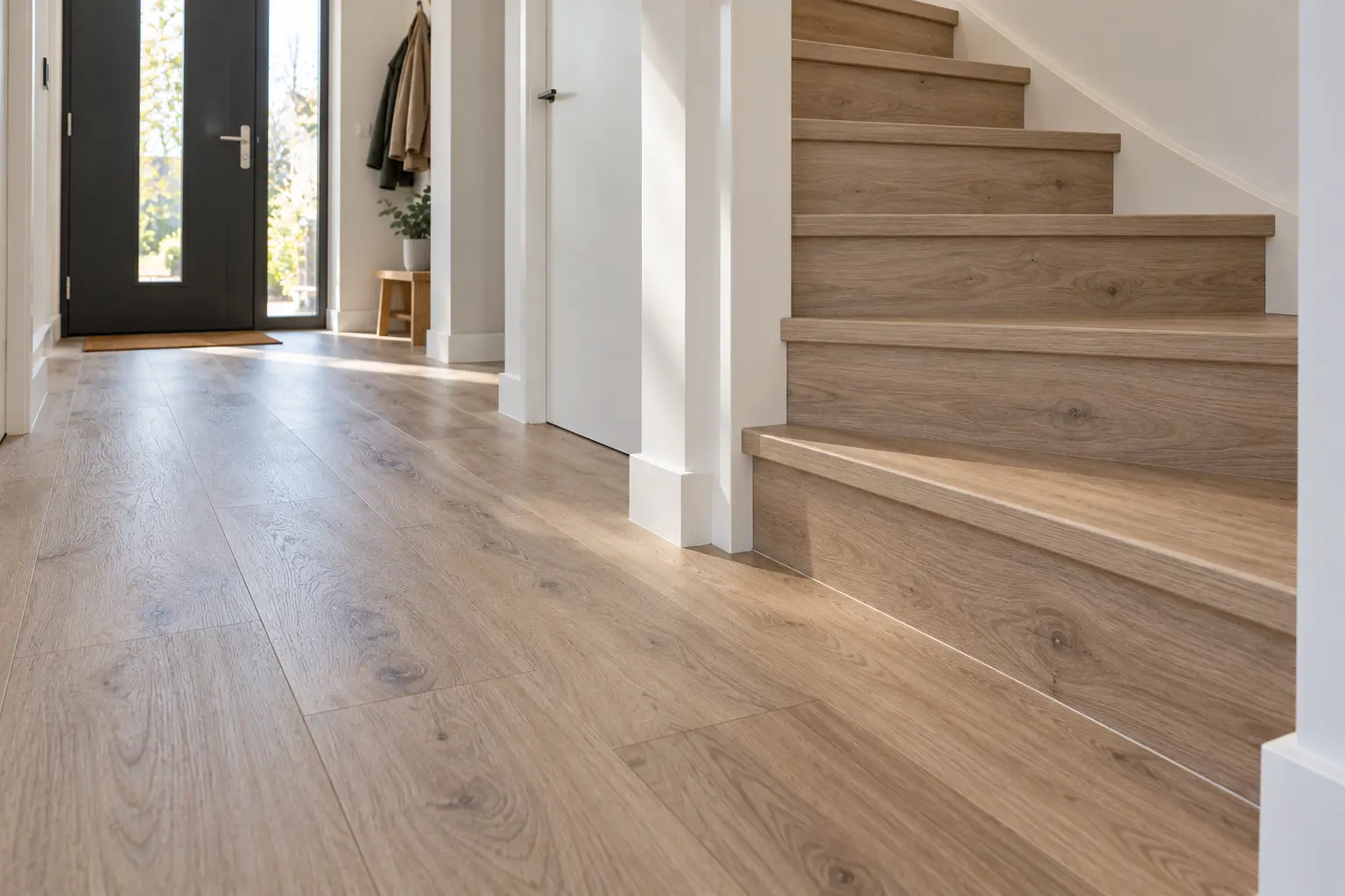Hal met een pvc-vloer en een trap met treden in dezelfde houtlook